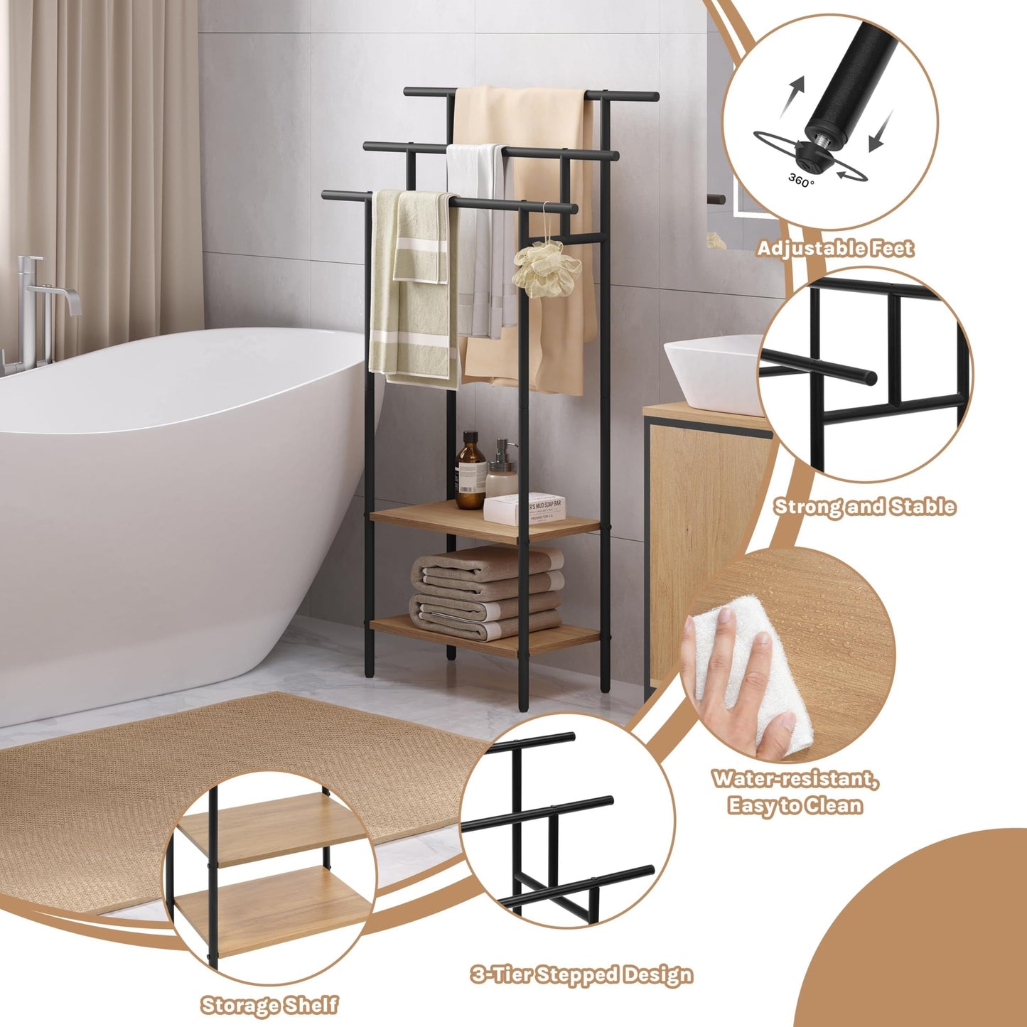 1pz mensola da bagno, portasciugamani verticale nero con 3 portasciugamani, barra per asciugamani con 2 ripiani, utilizzato per asciugamani e abbigliamento asciugamani, realizzato in materiale metallico e legno