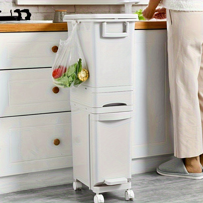 Pattumiera stretta da cucina da 32L con coperchio, raccolta differenziata con divisorio o doppi contenitori interni, a pedale per separazione di rifiuti asciutti e umidi, contenitore per rifiuti in plastica salvaspazio per cucina e bagno
