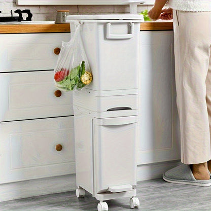 Pattumiera stretta da cucina da 32L con coperchio, raccolta differenziata con divisorio o doppi contenitori interni, a pedale per separazione di rifiuti asciutti e umidi, contenitore per rifiuti in plastica salvaspazio per cucina e bagno