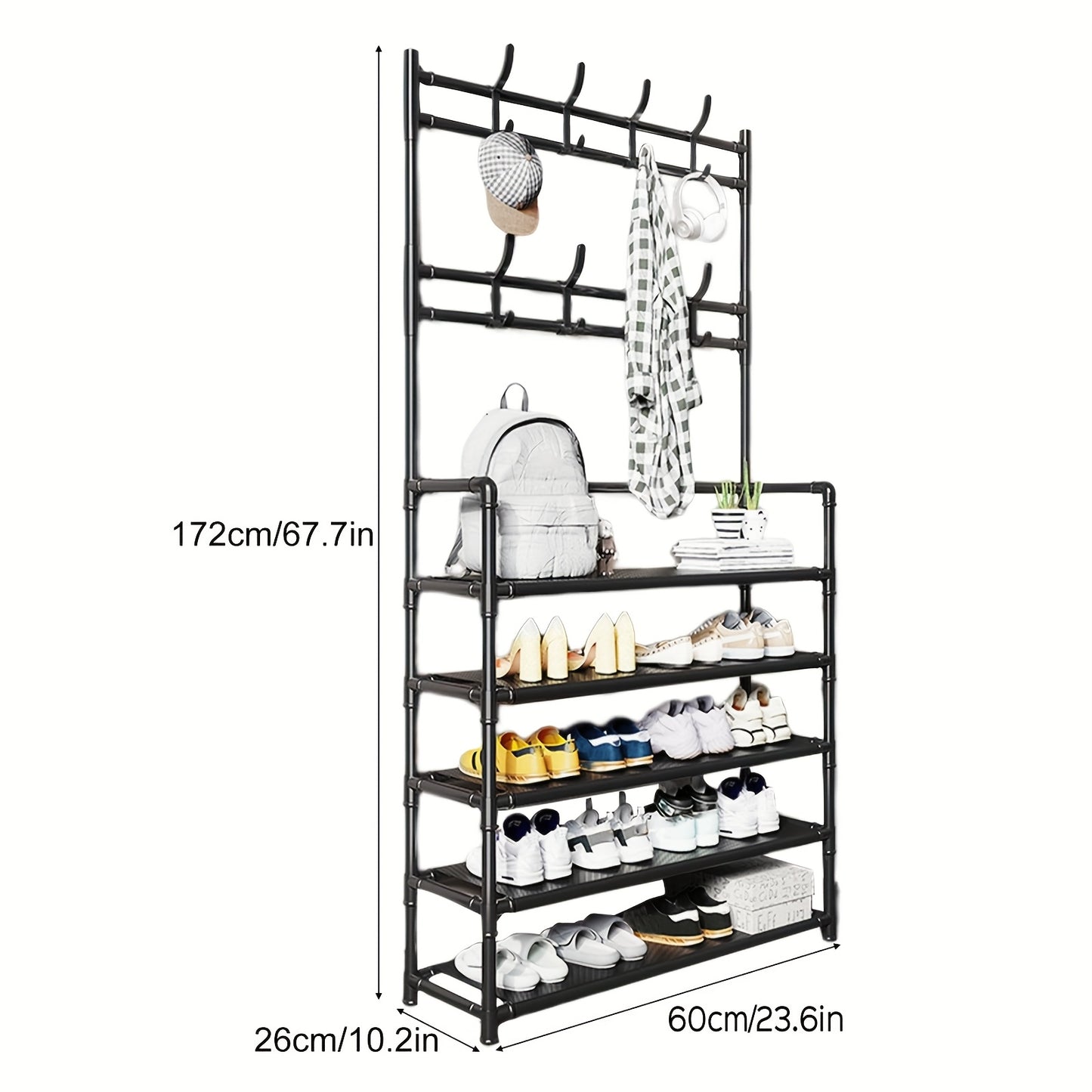 Portaabiti con Scarpiera Organizzatore, 3 in 1 Albero d'Ingresso in Metallo con 5 Ripiani e 8 Ganci Rimovibili, Portaabiti Autoportante per Ingresso con Spazio per Abiti, Scarpe, Cappelli, Borse e Ombrelli
