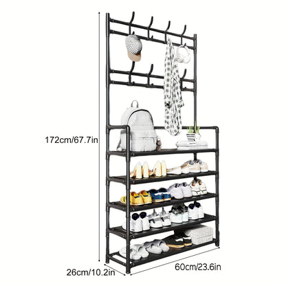 Portaabiti con Scarpiera Organizzatore, 3 in 1 Albero d'Ingresso in Metallo con 5 Ripiani e 8 Ganci Rimovibili, Portaabiti Autoportante per Ingresso con Spazio per Abiti, Scarpe, Cappelli, Borse e Ombrelli