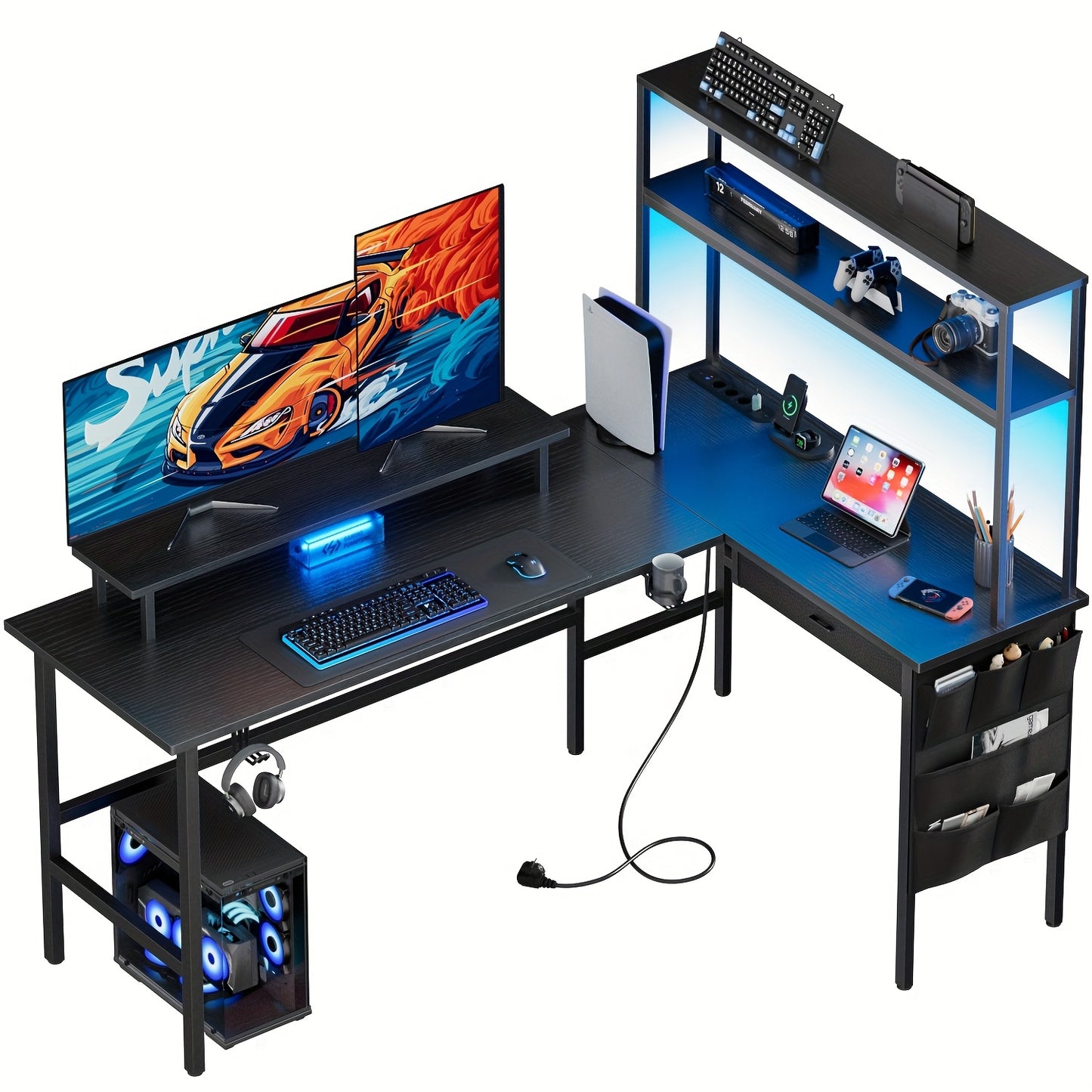 Scrivania da gaming a L con luce LED e presa di corrente - Scrivania da gamer, scrivania per computer reversibile da 59/67 pollici con ripiani portaoggetti e cassetto e borsa, tavolo da gioco angolare con supporto per monitor, ufficio domestico, regali pe