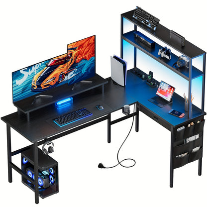 Scrivania da gaming a L con luce LED e presa di corrente - Scrivania da gamer, scrivania per computer reversibile da 59/67 pollici con ripiani portaoggetti e cassetto e borsa, tavolo da gioco angolare con supporto per monitor, ufficio domestico, regali pe