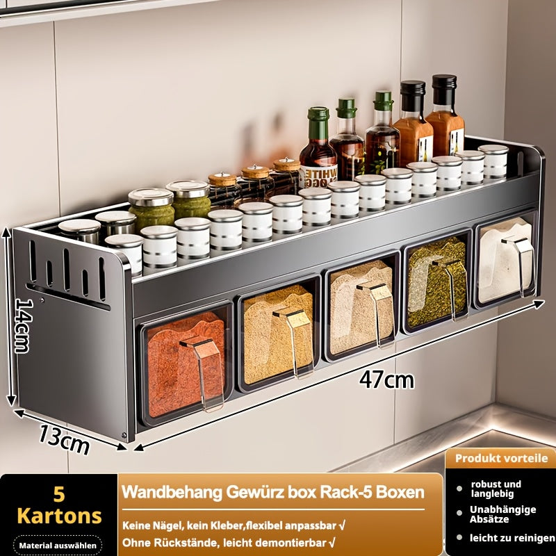 Organizzatore da Muro per Spezie in Acciaio Inox a 5 Scomparti con 5 Barattoli, Organizer Multifunzionale per la Cucina, Porta Spezie in Acciaio al Carbonio, Installazione Senza Trapano, Salvaspazio con Scomparti Multipli per la Cucina