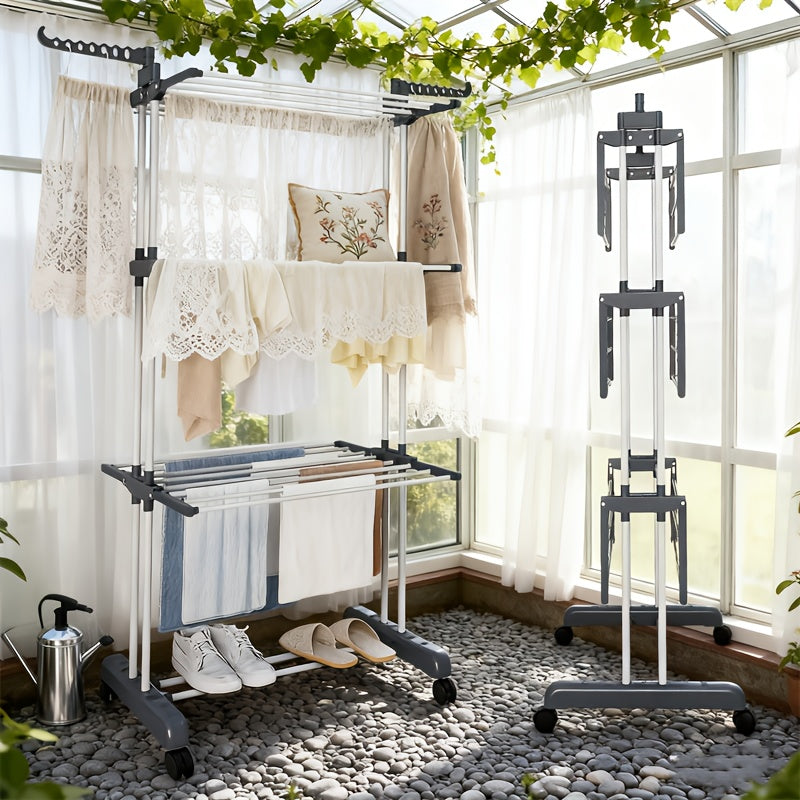 1pz Stendibiancheria a Pavimento, Stendibiancheria Telescopico Mobile a 3 Livelli, Multifunzionale per Casa, Balcone/Esterno, Stendibiancheria Pieghevole per Abiti (Tipo a Rullo), Stendibiancheria