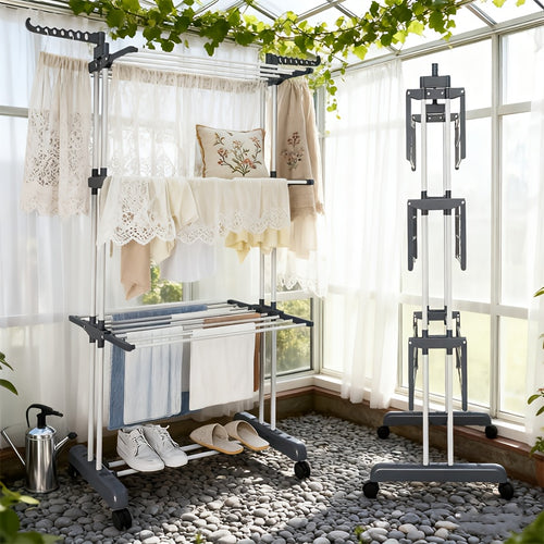 1pz Stendibiancheria a Pavimento, Stendibiancheria Telescopico Mobile a 3 Livelli, Multifunzionale per Casa, Balcone/Esterno, Stendibiancheria Pieghevole per Abiti (Tipo a Rullo), Stendibiancheria