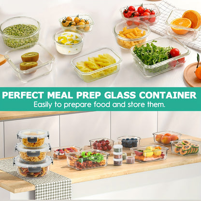 Set da 34 pezzi di contenitori per alimenti in vetro con coperchi, contenitori ermetici in vetro per la preparazione dei pasti (17 contenitori e 17 coperchi), contenitori per il pranzo a prova di perdite, per microonde, forno, congelatore, lavastoviglie