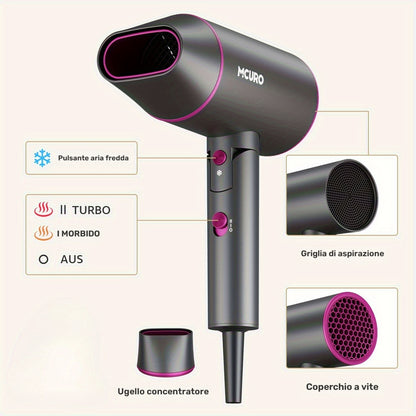 Asciugacapelli da Viaggio Pieghevole con Tecnologia a Ioni Negativi e Controllo della Temperatura - 3 Velocità/Impostazioni di Calore, Pulsante Aria Fredda, Ugello Concentratore, Motore Brushless, Styler per Capelli a Asciugatura Rapida, Tensione (Compati