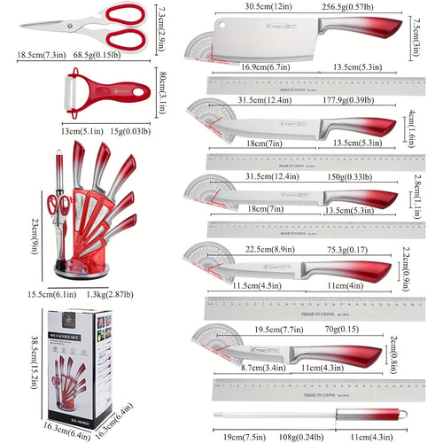 Set di 9 coltelli da cucina, realizzati in acciaio inossidabile forgiato ad alto tenore di carbonio con manici sfumati vivaci, elegante confezione regalo, perfetti come idea regalo per la casa o per le feste - Disponibili in blu, nero, rosso e viola
