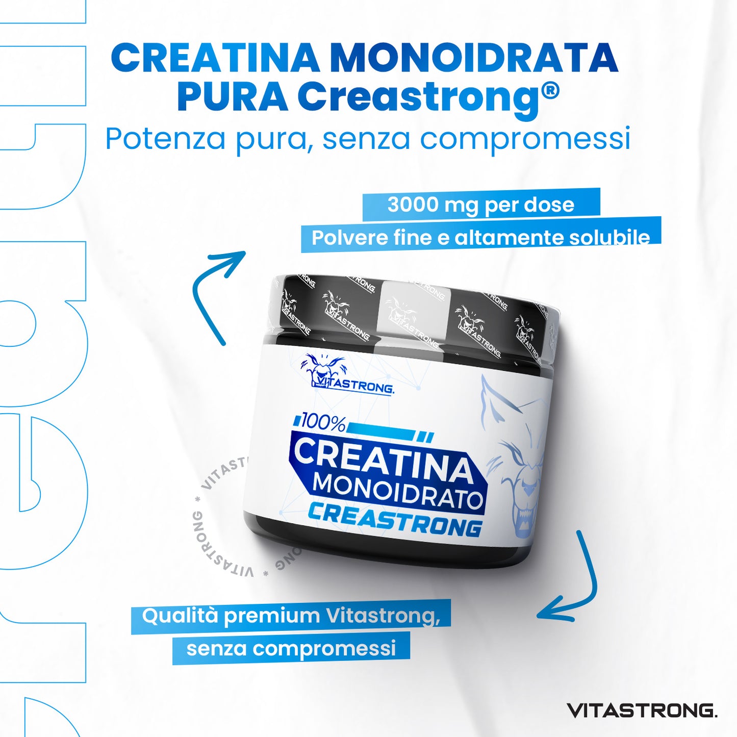 Creatina Monoidrata 3000 mg CreaStrong, Creatina in Polvere Senza Additivi, Creatina Vitastrong 250 g Solubile