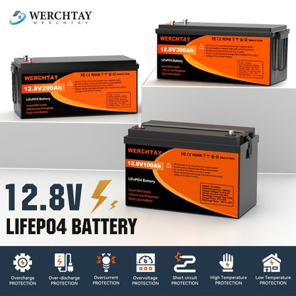 Batteria WERCHTAY 12.8V LiFePO4 300/200/100Ah, Dotata di Celle di Batteria di Grado A+, Oltre 25000 Cicli di Scarica Profonda, Protezione Intelligente BMS da Sovraccarica/Sottocarica, per Accumulo Energetico Domestico, Camper da Esterno, Applicazioni Sola