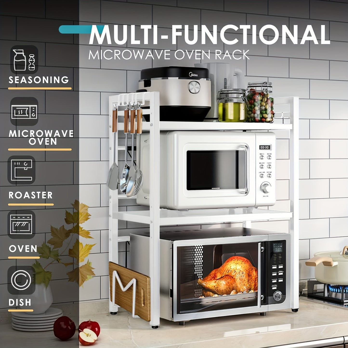 Scaffale per Microonde 3 Ripiani Estendibile con 6 Ganci, Mensola da Cucina, Porta Spezie, Organizzatore per Armadio Microonde, Nero, Estendibile da 40 a 64 cm