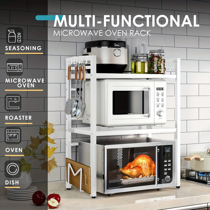 Scaffale per Microonde 3 Ripiani Estendibile con 6 Ganci, Mensola da Cucina, Porta Spezie, Organizzatore per Armadio Microonde, Nero, Estendibile da 40 a 64 cm