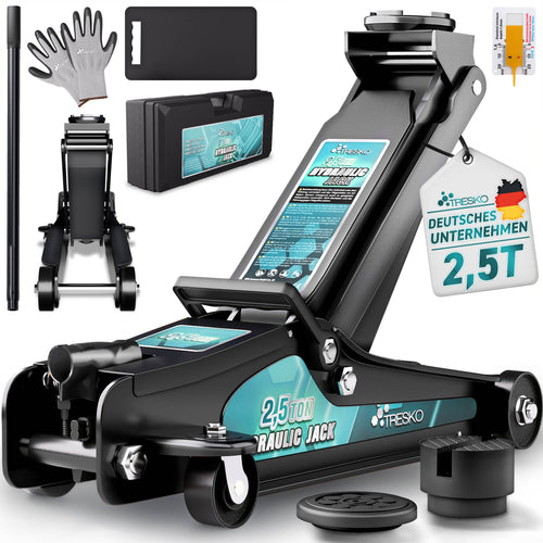 Cric idraulico per auto TRESKO® 2.5 - 3T | Cric idraulico per spostamento auto e SUV con ruote piane e a 360°, include 2 guarnizioni in gomma, tappetino protettivo, guanti