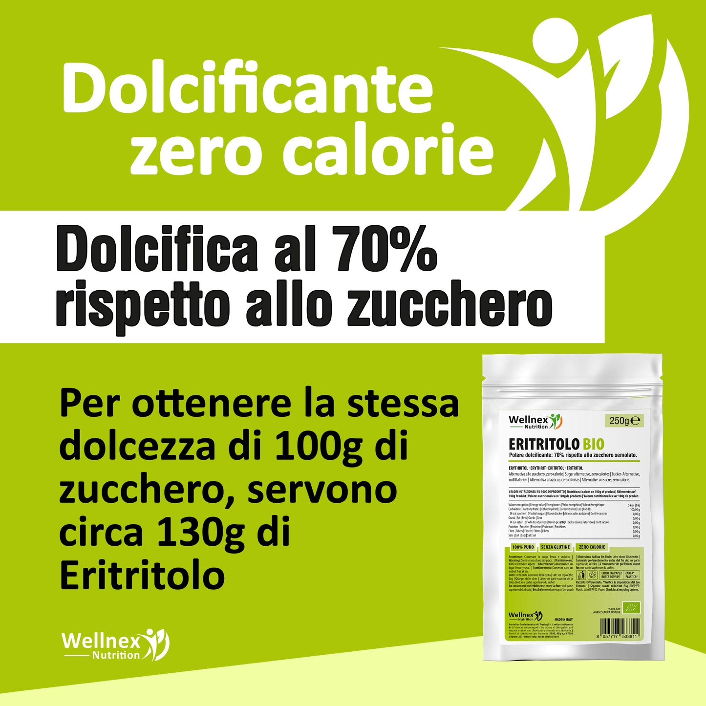 Eritritolo Biologico Puro - Eritritolo in polvere, Alternativa allo Zucchero | Dolcificante zero calorie | Wellnex Nutrition