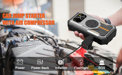 Swarey 12000Mah Avviatore di Emergenza per Auto con Compressore d'Aria, 150PSI 6000A Corrente di Picco Avviatore di Emergenza per Tutti i Motori a Benzina e Diesel da 10.0L, Avviatore di Emergenza con LED