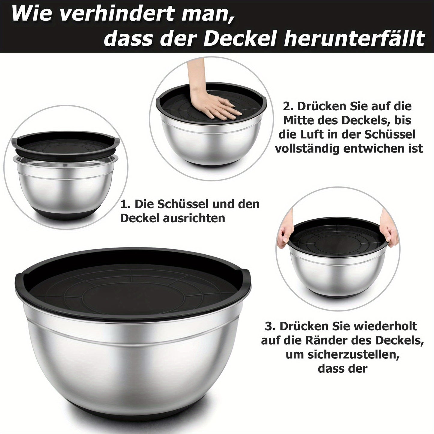 7 Pezzi/Set Ciotole per Insalata in Acciaio Inossidabile Avanzato con Coperchi, Gruppo di Scodelle Impilabili Lavabili in Lavastoviglie, 5L, 4.5L, 4L, 2.4L, 1.7L, 1.25L, 0.8L, Confezione Mista