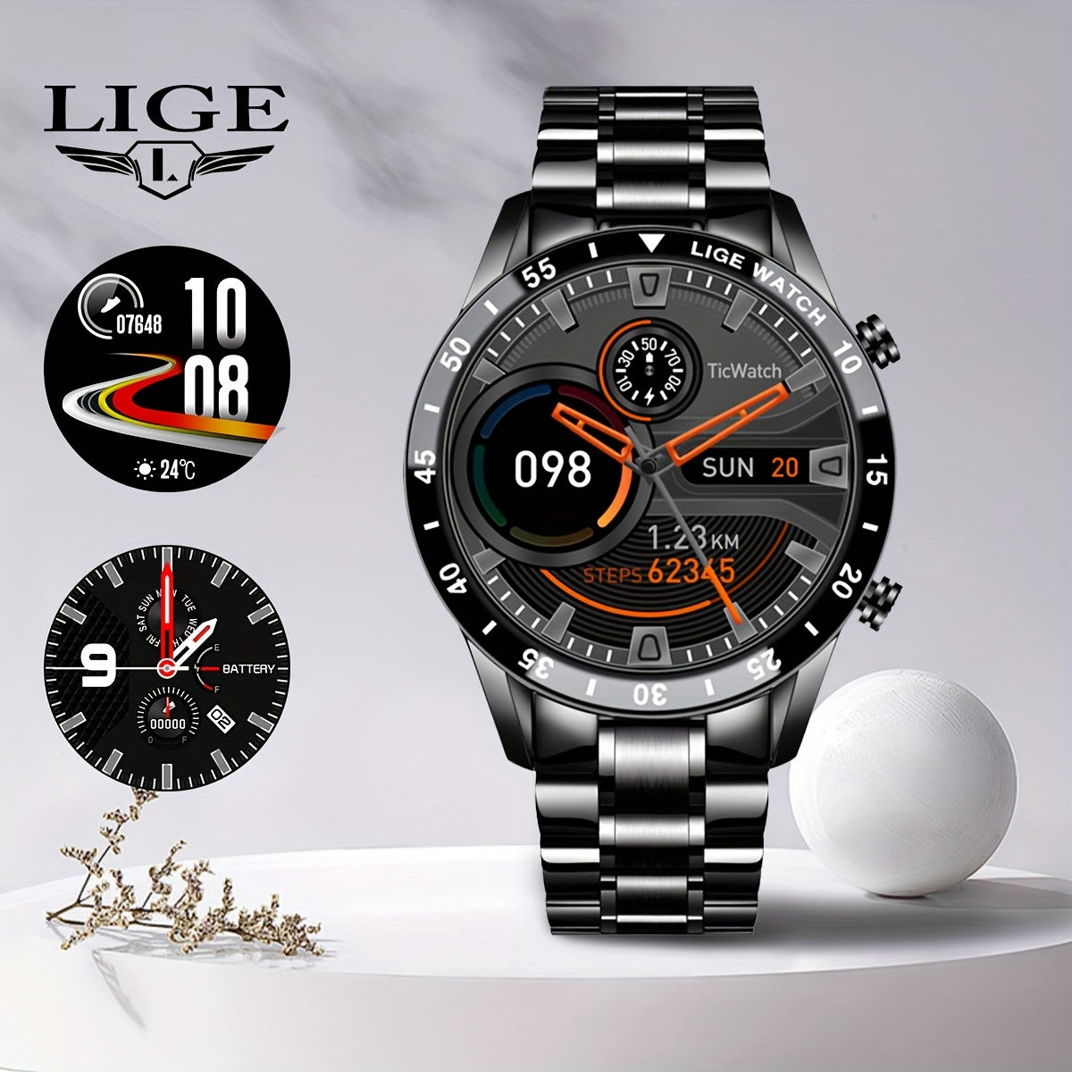 Orologio Intelligente LIGE con Schermo Touch Completo da 3,53 cm. Funzione di Controllo Musicale/Avviso Informazioni Chiamate/Conteggio Calorie. Orologi da Polso Sportivi Multifunzionali per Esterni per Android e iPhone. Adatto per Regali a Uomini