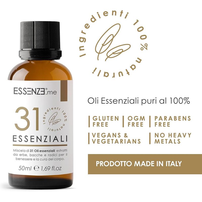 Olio alle 31 Erbe Balsamico e Defaticante, Miscela di 31 Oli Essenziali Concentrati, Puri e Naturali Multiuso per Massaggi, Suffumigi, Aromaterapia, Cura della Pelle e Capelli. Essenze 50ml