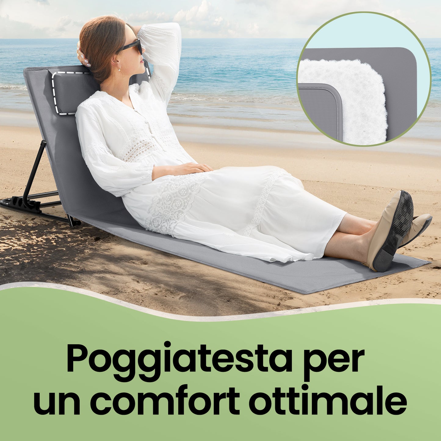 Lettino da Spiaggia, Sedia a Sdraio, Lettino Prendisole, Cuscino, Schienale Inclinabile, Portatile con Manico, per Campeggio Giardino Piscina, 158 x 55 cm, Grigio Ardesia/Azzurro Cielo/Blu Turchino/Grigio
