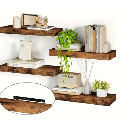 4 Mensole a Parete, Ogni Mensola Sospesa Supporta 10kg, Legno Massello Naturale, Portante, Risparmio di Spazio, Facile da Installare, Mensole Fluttuanti, Soluzione Multifunzionale per Soggiorno, Cucina, Bagno, Camera da Letto, Mensole Galleggianti