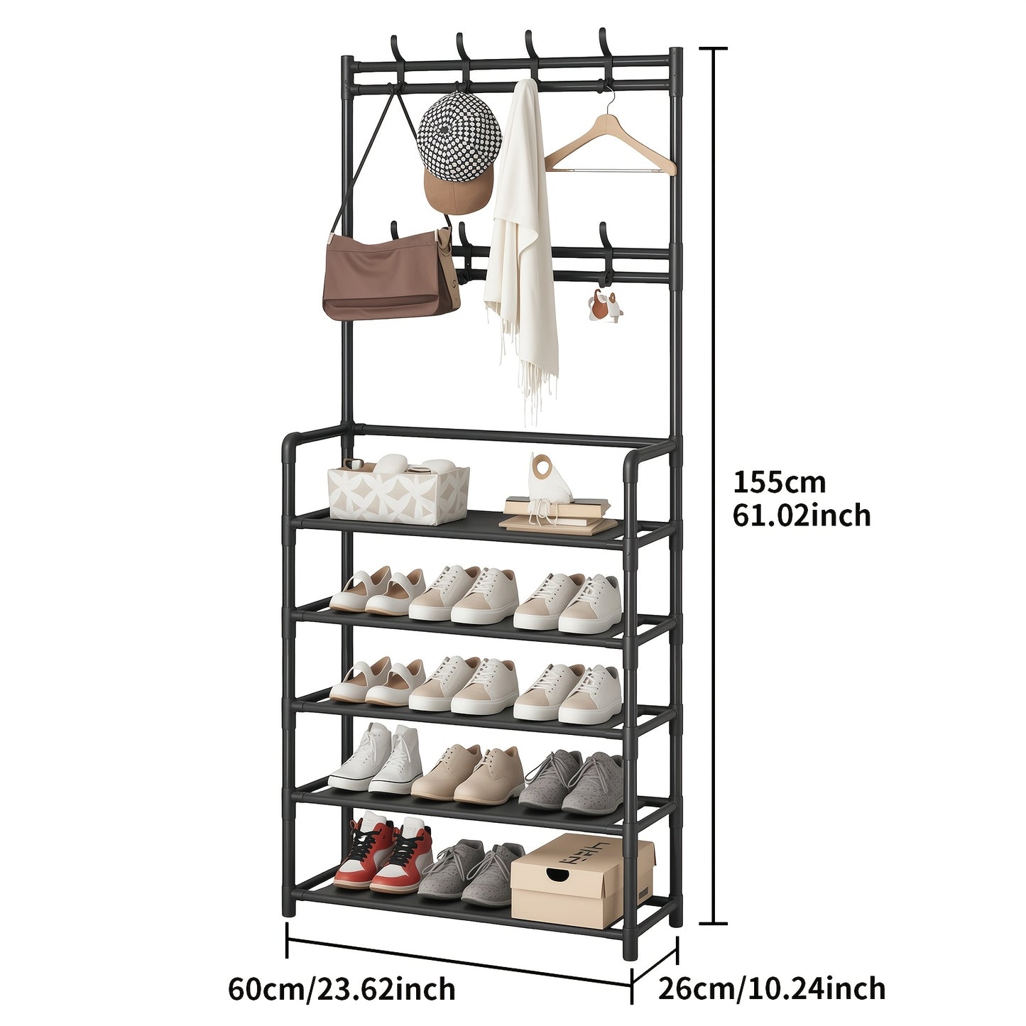 Scaffale per Scarpe - Appendiabiti Salvaspazio, Scaffale a 5 Ripiani con 8 Ganci, Struttura Robusta in Metallo Dorato/Plastica, Design Autoportante o da Parete per Casa, Ufficio e Negozio - Ideale per Scarpe, Cappotti, Cappelli, ecc., Regalo per Halloween
