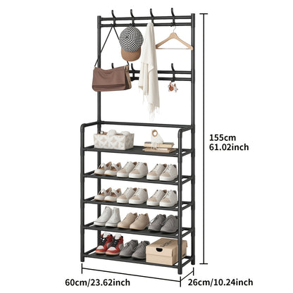 Scaffale per Scarpe - Appendiabiti Salvaspazio, Scaffale a 5 Ripiani con 8 Ganci, Struttura Robusta in Metallo Dorato/Plastica, Design Autoportante o da Parete per Casa, Ufficio e Negozio - Ideale per Scarpe, Cappotti, Cappelli, ecc., Regalo per Halloween