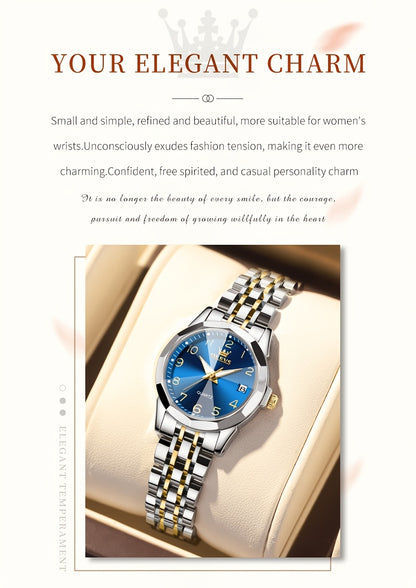 OLEVS Orologio da Donna Classico Moda Analogico Quarzo Donna Orologio Elegante Lusso Piccolo Quadrante Cinturino in Acciaio Inossidabile Luminoso con Calendario Data Orologi da Donna Regali Romantici per Lei Orologio da Donna Quadrante Blu/Bianco/Dorato