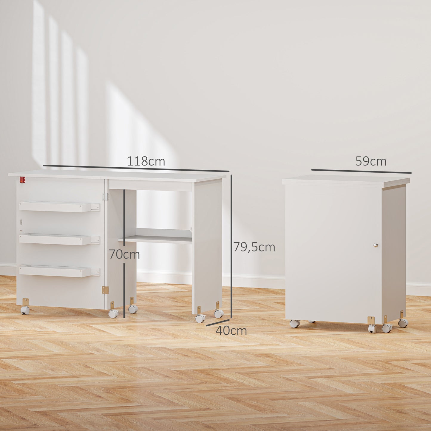 Scrivania Pieghevole Homcom con Contenitori, Ripiano Aperto e Rotelle, Armadio per Macchina da Cucire per Soggiorno, Ufficio, Studio, 118 x 40 x 79,5 cm, Bianco