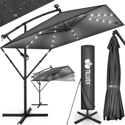 Tillvex® Tenda da Sole Rettangolare in Alluminio con LED Solare Ø 330 Cm + Copertura con Manovella | Ombrello Angolare con Luce Stradale, Supporto e Parabrezza | Grande Ombrello da Giardino in Alluminio con Protezione UV | Ombrello con Manovella, Ombrello
