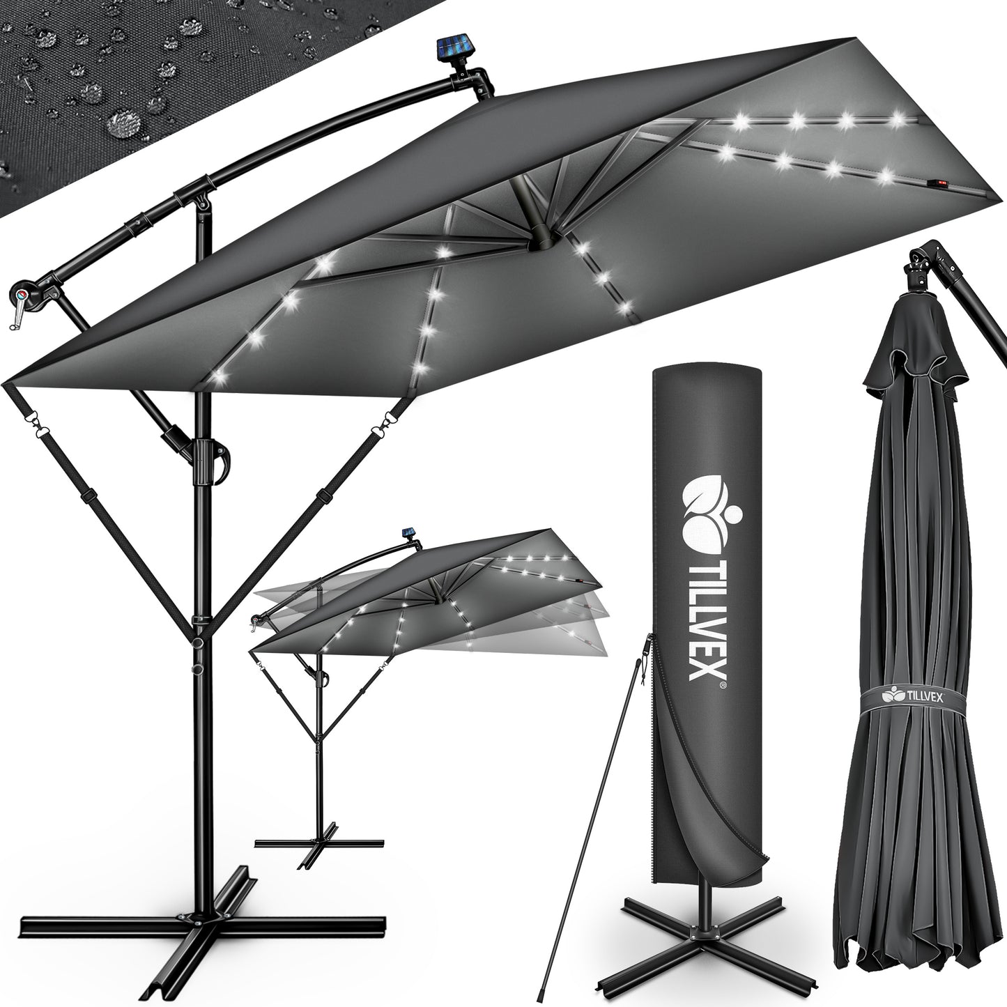 Tillvex® Tenda da Sole Rettangolare in Alluminio con LED Solare Ø 330 Cm + Copertura con Manovella | Ombrello Angolare con Luce Stradale, Supporto e Parabrezza | Grande Ombrello da Giardino in Alluminio con Protezione UV | Ombrello con Manovella, Ombrello