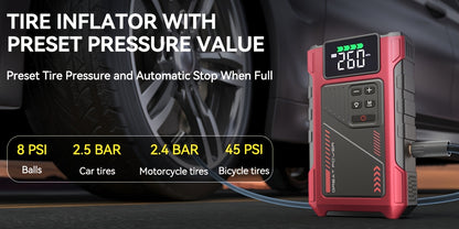 Power Bank Portatile 12V 6000A & Compressore d'Aria Avviatore con Ricarica Rapida e Cavo Intelligente - Booster Batteria 5-in-1 Adatto per Camion a Benzina 7.5L/Diesel 6.0L, Ricarica USB-C, Gonfiaggio Pneumatici, per Campeggio e Viaggi su Strada