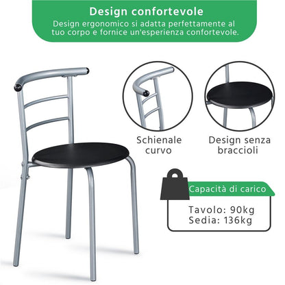 Costoffs Set Tavolo e 2 Sedie da Bar e Sala da Pranzo in Legno e Metallo per Cucina Balcone Piccoli Spazi Sedia Portata 136 kg