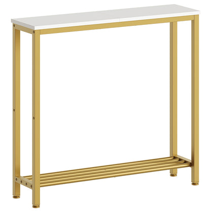Tavolino d'Ingresso, Consolle Stretta, Tavolino a Doppio Strato, Ideale per Corridoi e Ingressi, Design Compatto in Nero e Marrone con Struttura in Metallo, Perfetto per Soggiorni e Passaggi
