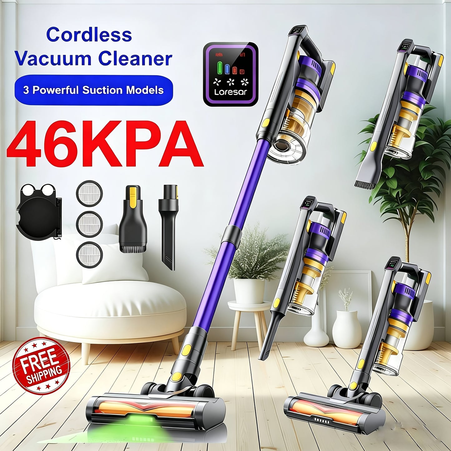 Laresar X11 Aspirapolvere Senza Fili 550W/46Kpa per la Casa, 60 Minuti, Anti-Groviglio, Aspirapolvere a Bastone con Doppia Maniglia Ricaricabile, Leggero, con Aromaterapia per Peli di Animali Domestici, Tappeti, Pavimenti, Pulizia di Primavera