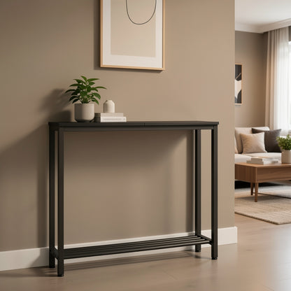 Tavolino d'Ingresso, Consolle Stretta, Tavolino a Doppio Strato, Ideale per Corridoi e Ingressi, Design Compatto in Nero e Marrone con Struttura in Metallo, Perfetto per Soggiorni e Passaggi