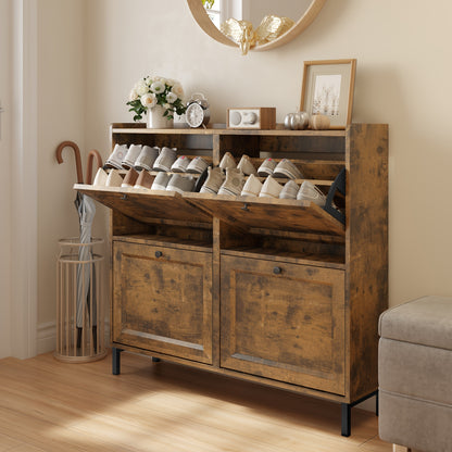 Scarpiera a quattro ante di grande capacità con design ventilato, scarpiera chiusa, spazioso ripiano, può contenere 20-24 paia di scarpe, design anti-ribaltamento, adatta per l'installazione in ingressi, corridoi e soggiorni, dimensioni: 99X24X91Cm