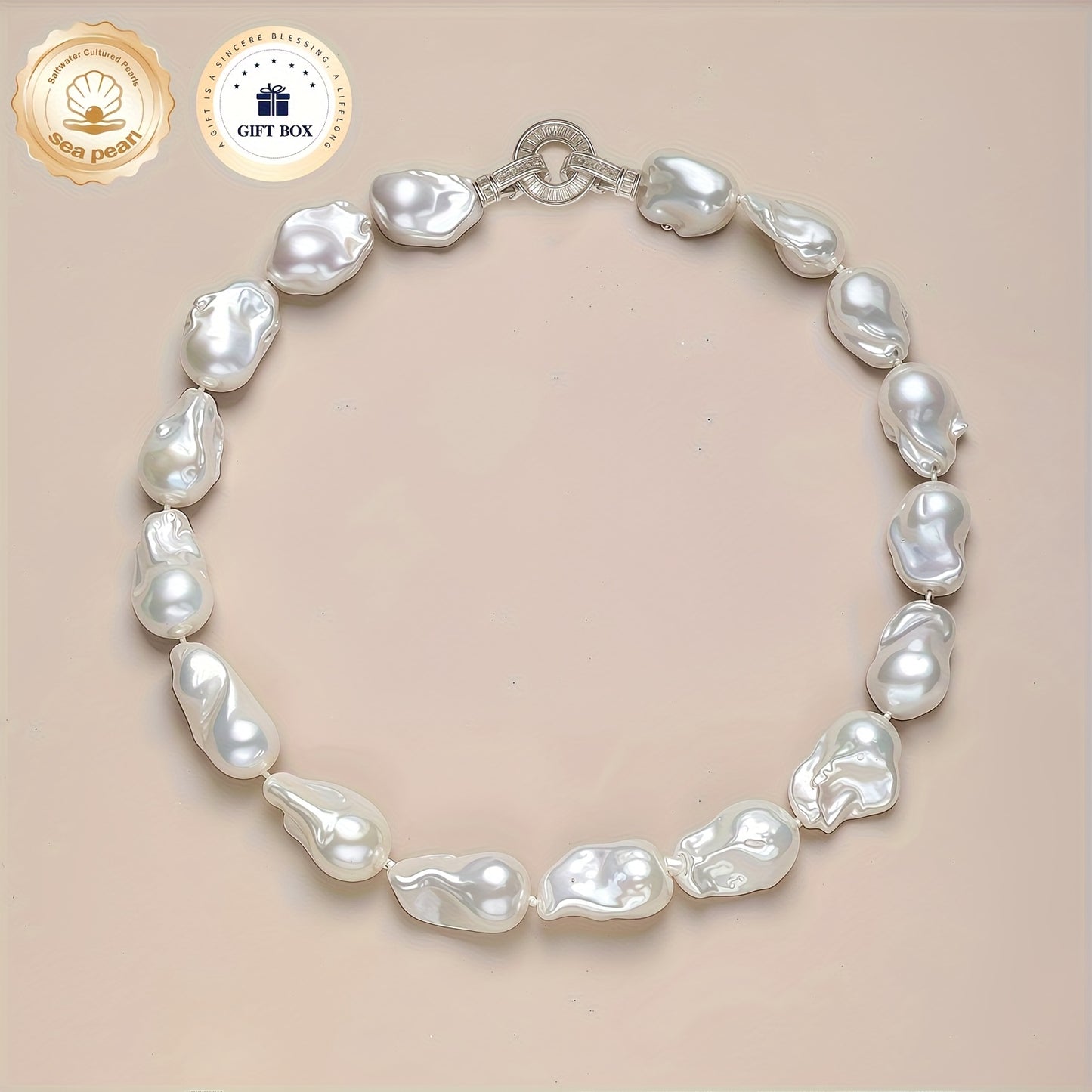Collana Barocca Bianca, Spessa e Naturale Bianca da Donna, Collana Grande con Perline, Collana con Ciondolo Retrò, Fibbia Rotonda per Sicurezza e Robustezza, Lunghezza Catena 45cm, Misura: 13-16mm, Uso Quotidiano, Regalo di Compleanno, Regalo per Festival
