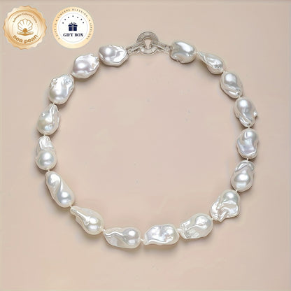 Collana Barocca Bianca, Spessa e Naturale Bianca da Donna, Collana Grande con Perline, Collana con Ciondolo Retrò, Fibbia Rotonda per Sicurezza e Robustezza, Lunghezza Catena 45cm, Misura: 13-16mm, Uso Quotidiano, Regalo di Compleanno, Regalo per Festival