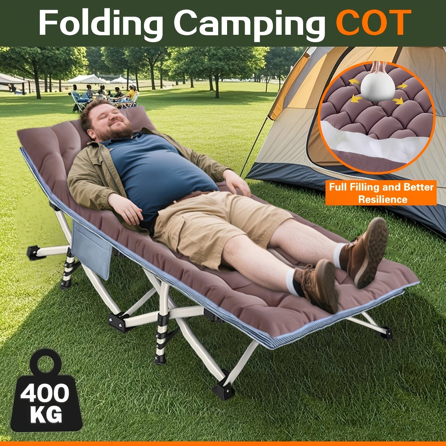 Lettino da campeggio pieghevole portatile XXL misura 200 cm x 190 cm, con materasso rimovibile e capacità di supporto fino a 300 kg e 400 kg. Non richiede installazione ed è ideale per uso esterno, campeggio, tende, uffici, case.