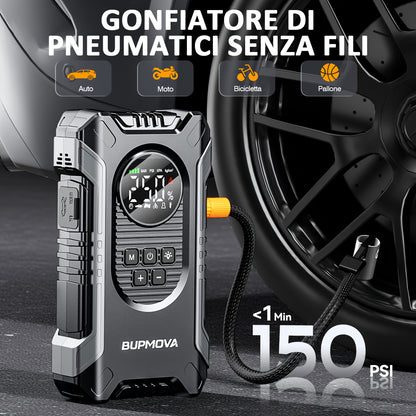 Avviatore di Emergenza per Auto con Compressore Aria e Gonfiatore Pneumatici, Booster Batteria 9500A con Power Bank e Torce LED, Box Avviatore Auto 12V per Tutti i Veicoli a Benzina o Diesel da 10.0L con Custodia Portatile, Cavi Smart con 10 Funzioni di P