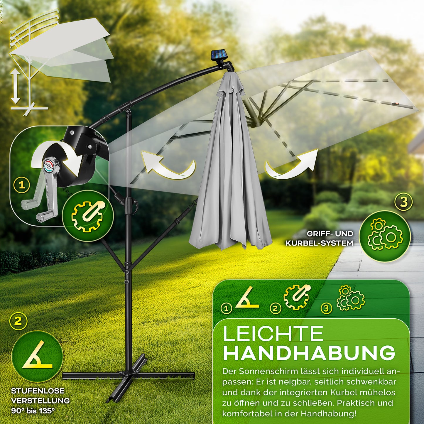 Tillvex® Tenda da Sole Rettangolare in Alluminio con LED Solare Ø 330 Cm + Copertura con Manovella | Ombrello Angolare con Luce Stradale, Supporto e Parabrezza | Grande Ombrello da Giardino in Alluminio con Protezione UV | Ombrello con Manovella, Ombrello