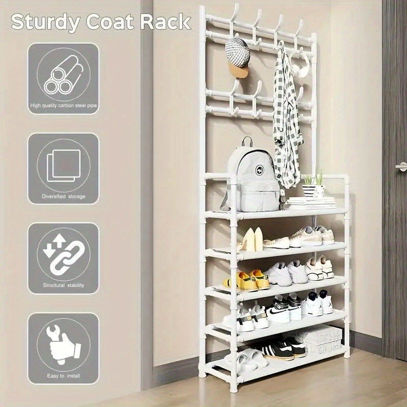Portaabiti con Scarpiera Organizzatore, 3 in 1 Albero d'Ingresso in Metallo con 5 Ripiani e 8 Ganci Rimovibili, Portaabiti Autoportante per Ingresso con Spazio per Abiti, Scarpe, Cappelli, Borse e Ombrelli