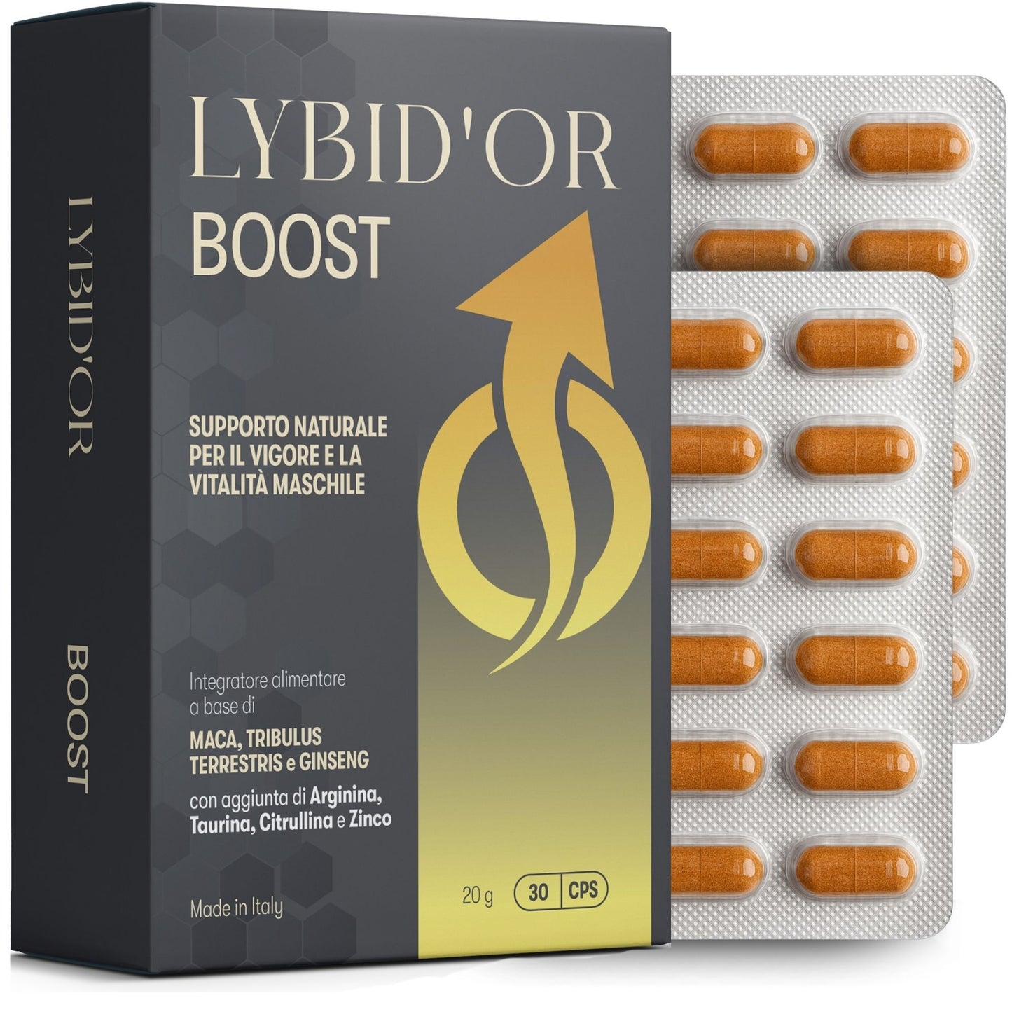 Lybid'Or BOOST Integratore Uomo Forte per Vigore e Prestazioni - Effetto Potente e Duraturo con Maca Peruviana, Tribulus Terrestris, Arginina, Citrullina, Ginseng, Zinco