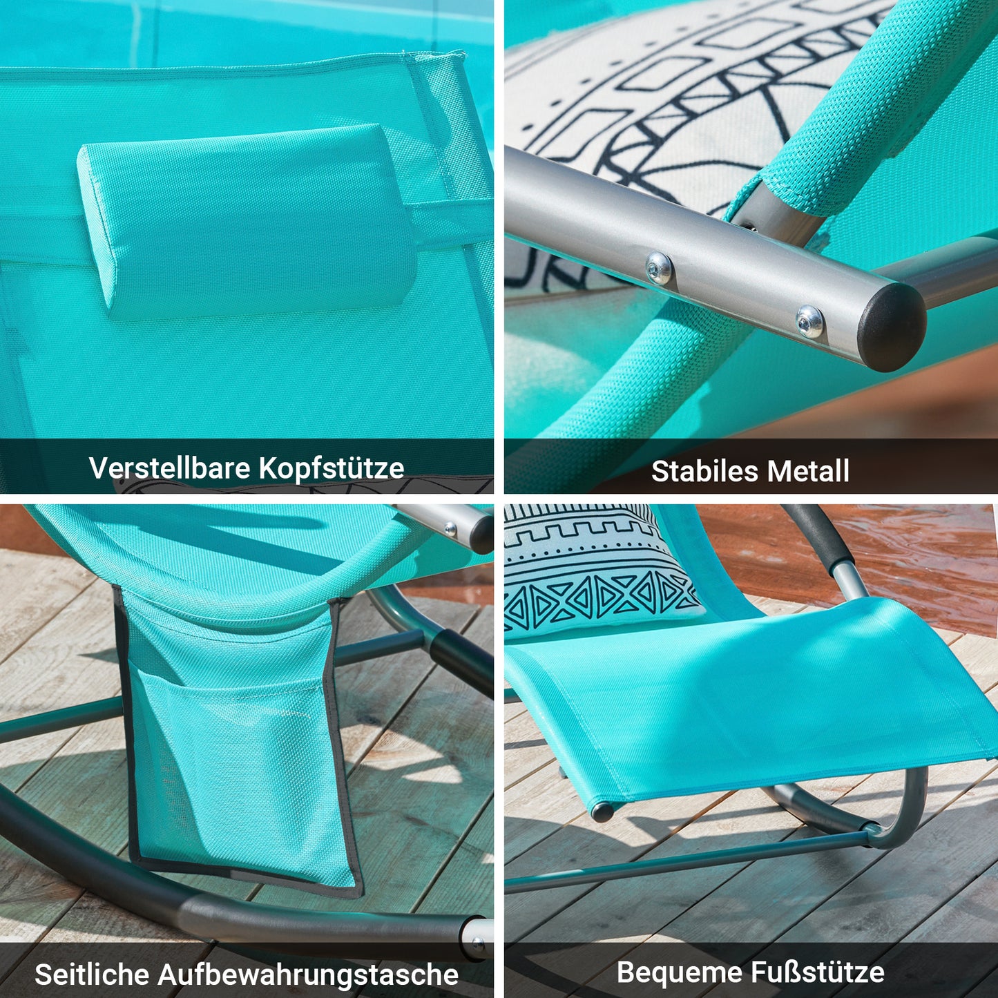 1 Pezzo Lettino Prendisole Lettino da Giardino Sdraio Relax Sedia a Dondolo da Esterno con Cuscino Poggiatesta Superficie Ergonomica Tessuto Resistente agli Agenti Atmosferici Struttura in Metallo Tasca Laterale Portata Massima 150 kg Terrazza Balcone Gia