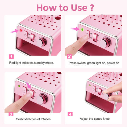 Kit Portatile per Trapano Unghie Elettrico 20.000 RPM con Multiple Frese e Strisce Leviganti, Per la Rimozione di Acrilici Gel Polishing Nail Salon Casa, Rosa