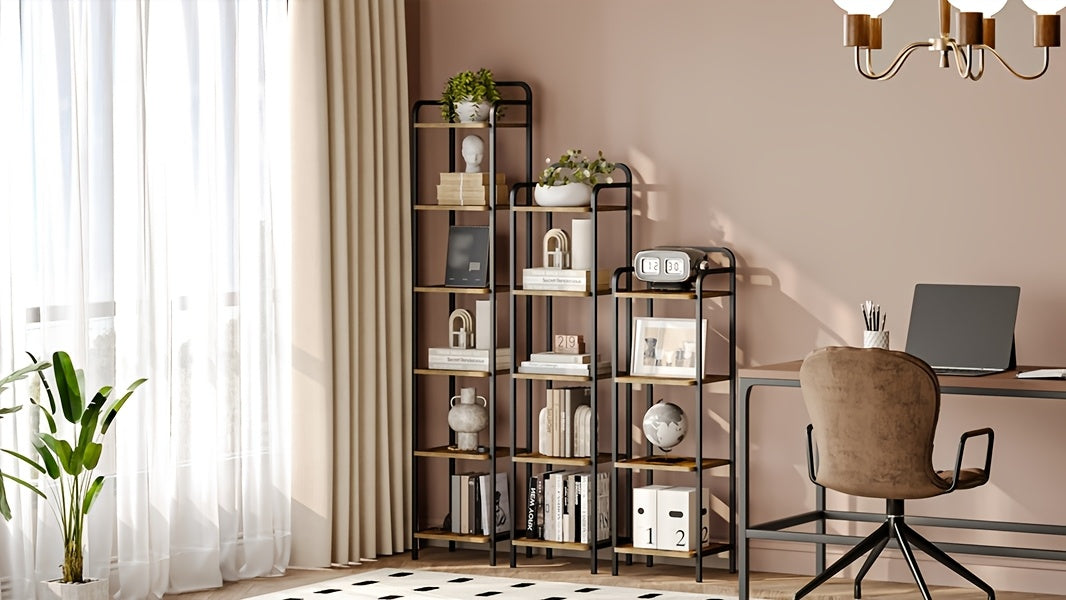 Libreria, Scaffale, Scaffale a Piedi, Libreria Stretta, Scaffale Angolare Industriale, Scaffale Sottile per Ufficio Domestico, Soggiorno, Camera da Letto, Cucina, 6 Ripiani Vintage Marrone-Nero