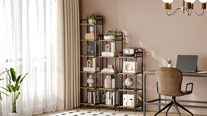 Libreria, Scaffale, Scaffale a Piedi, Libreria Stretta, Scaffale Angolare Industriale, Scaffale Sottile per Ufficio Domestico, Soggiorno, Camera da Letto, Cucina, 6 Ripiani Vintage Marrone-Nero