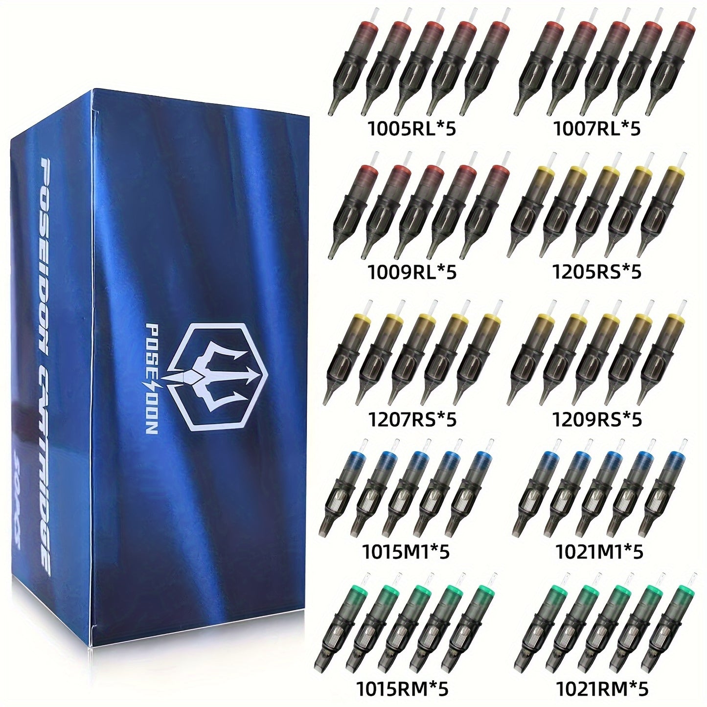 50 Aghi per Tatuaggi Poseidon Assortiti in Varie Misure, Incluse Tipi Round Liner, Shader e Magnum, Disponibili in Opzioni Curve e Rotonde