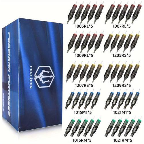 50 Aghi per Tatuaggi Poseidon Assortiti in Varie Misure, Incluse Tipi Round Liner, Shader e Magnum, Disponibili in Opzioni Curve e Rotonde